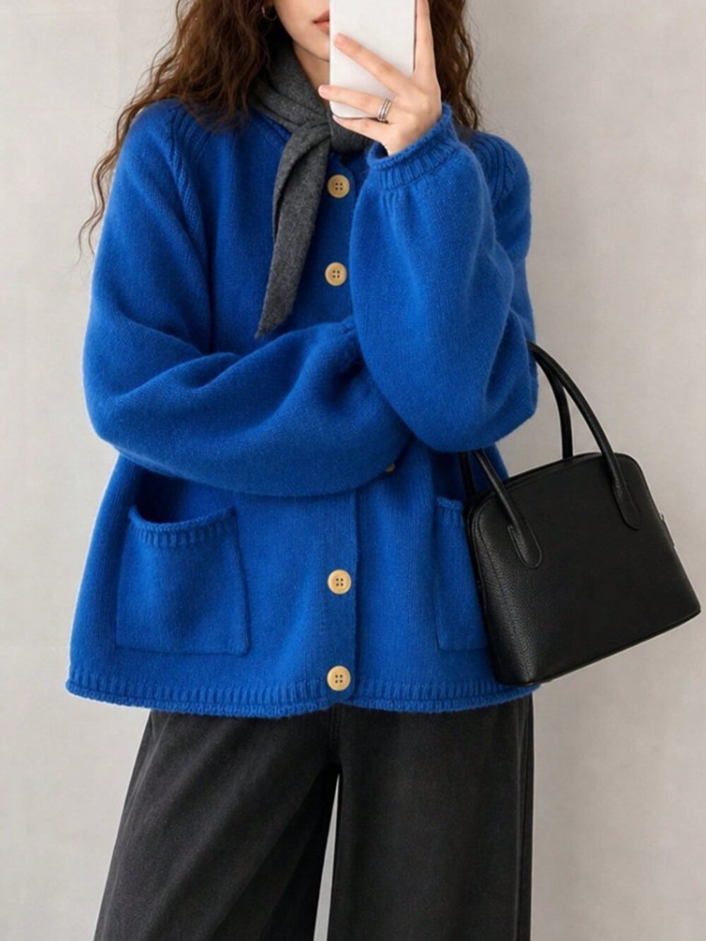 Blue Casual Women's Minimalist Double Pocket Design Sweater Cardigan